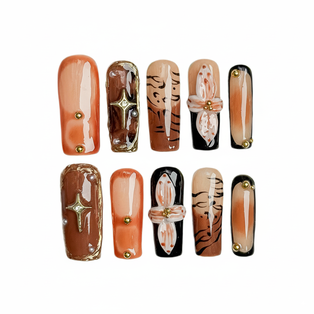 Rustic Bloom Press-On Nails – Earthy Brown & White Floral Accents