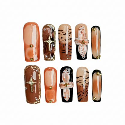 Rustic Bloom Press-On Nails – Earthy Brown & White Floral Accents