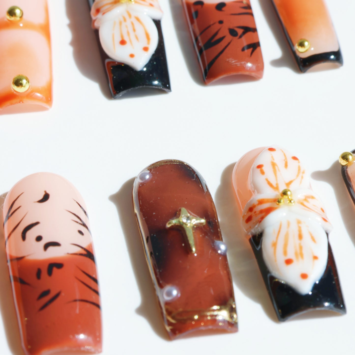 Rustic Bloom Press-On Nails – Earthy Brown & White Floral Accents
