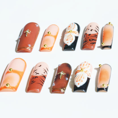 Rustic Bloom Press-On Nails – Earthy Brown & White Floral Accents