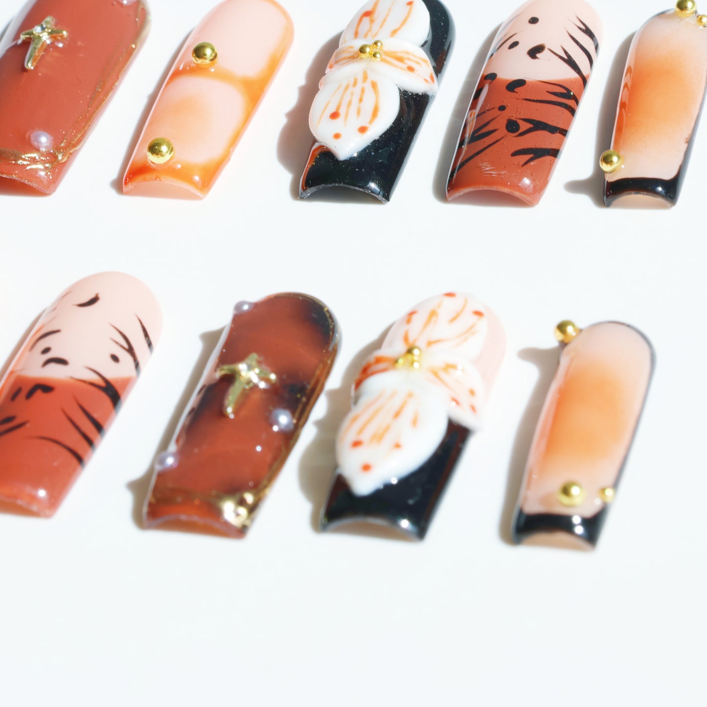 Rustic Bloom Press-On Nails – Earthy Brown & White Floral Accents