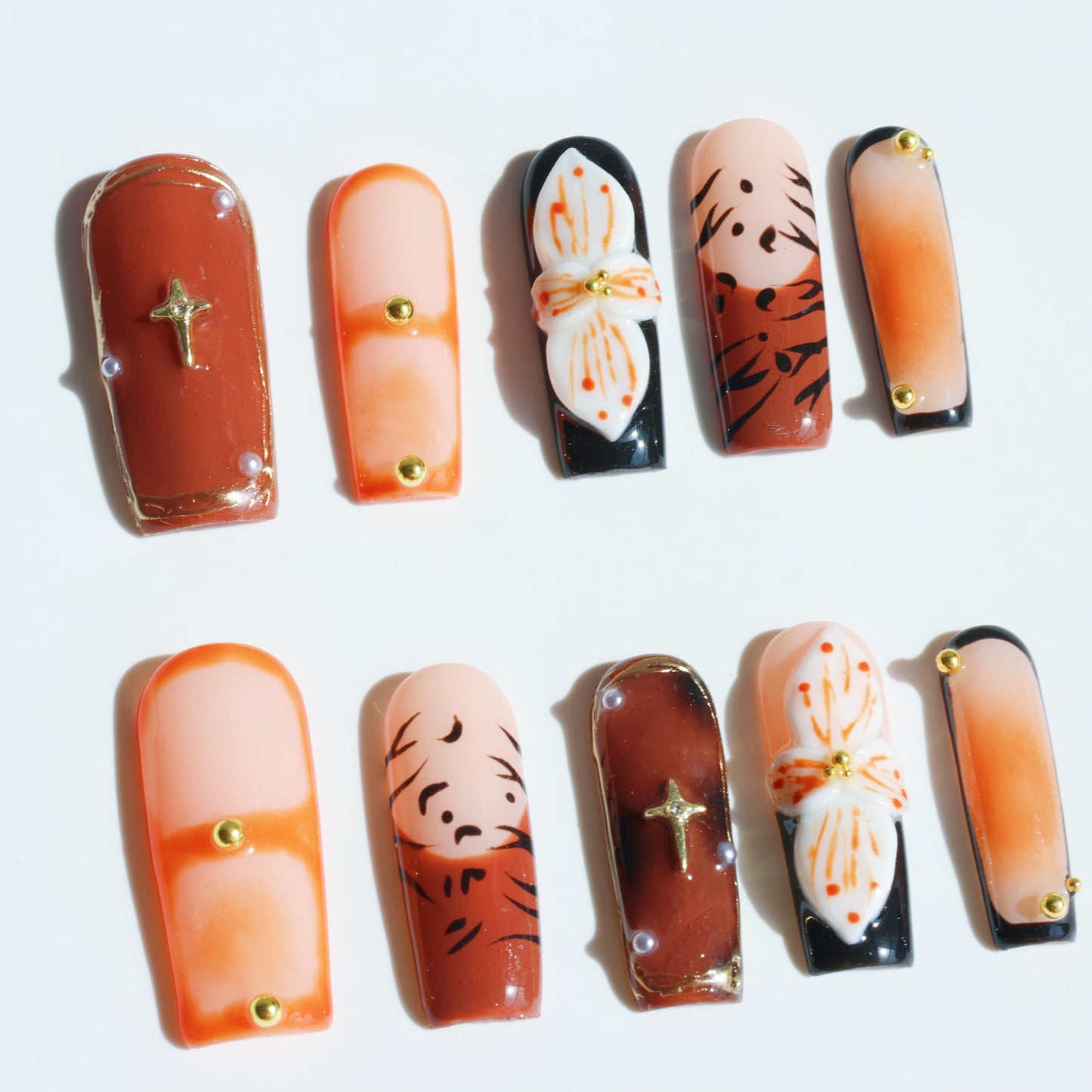 Rustic Bloom Press-On Nails – Earthy Brown & White Floral Accents