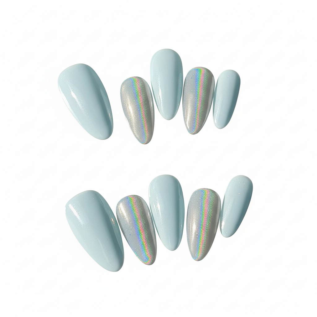 Clean Girl Powder Blue Press-On Nails: The Holographic Stripe Set