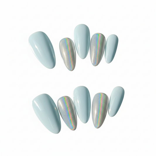 Clean Girl Powder Blue Press-On Nails: The Holographic Stripe Set
