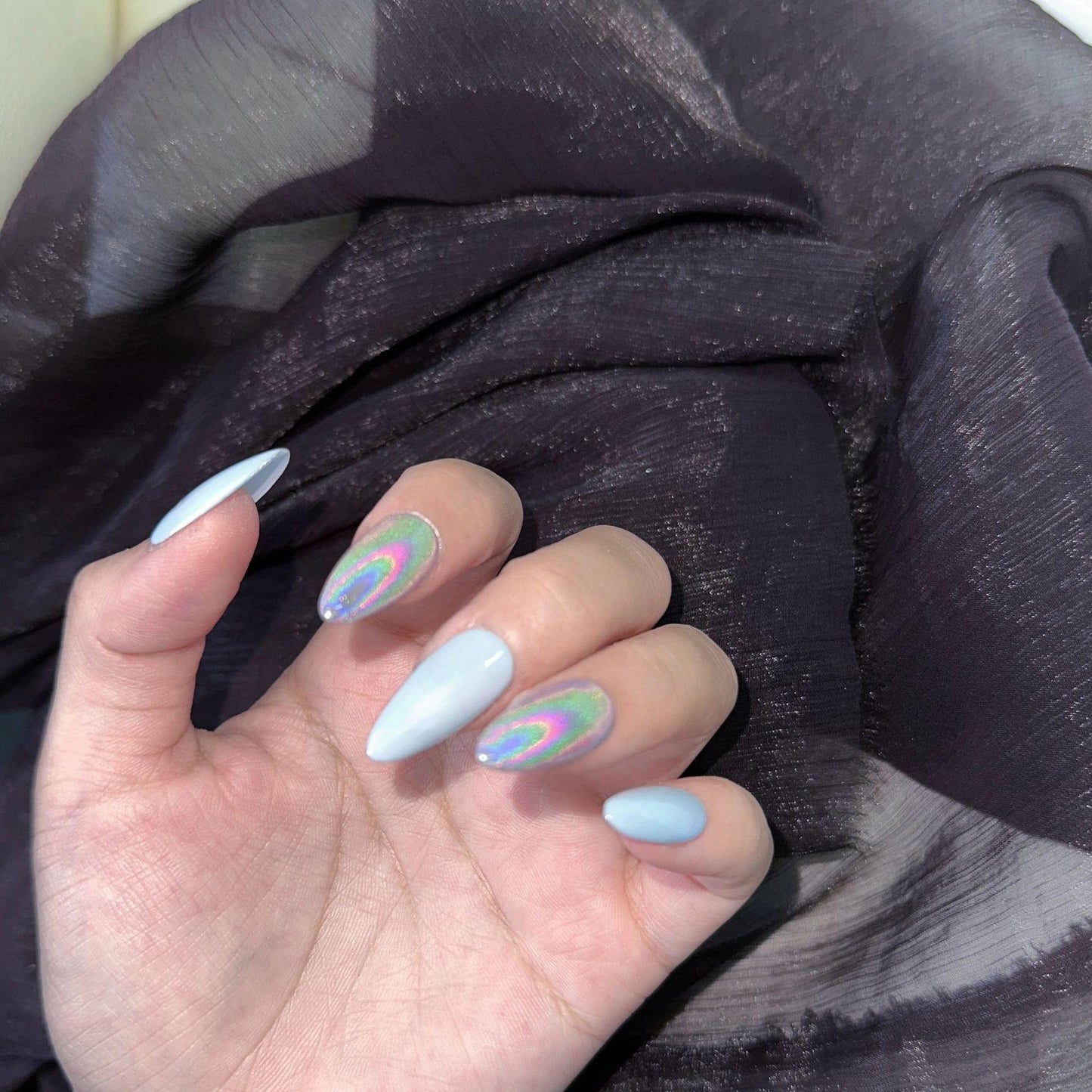 Clean Girl Powder Blue Press-On Nails: The Holographic Stripe Set