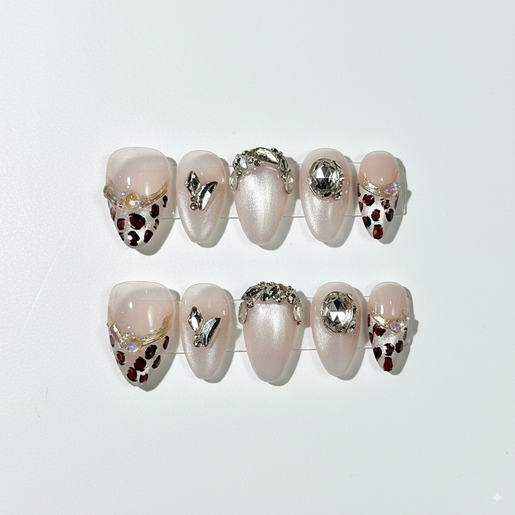 Clean Girl Glam Leopard Glazed Press-On Nails: The Jewel-Studded Set