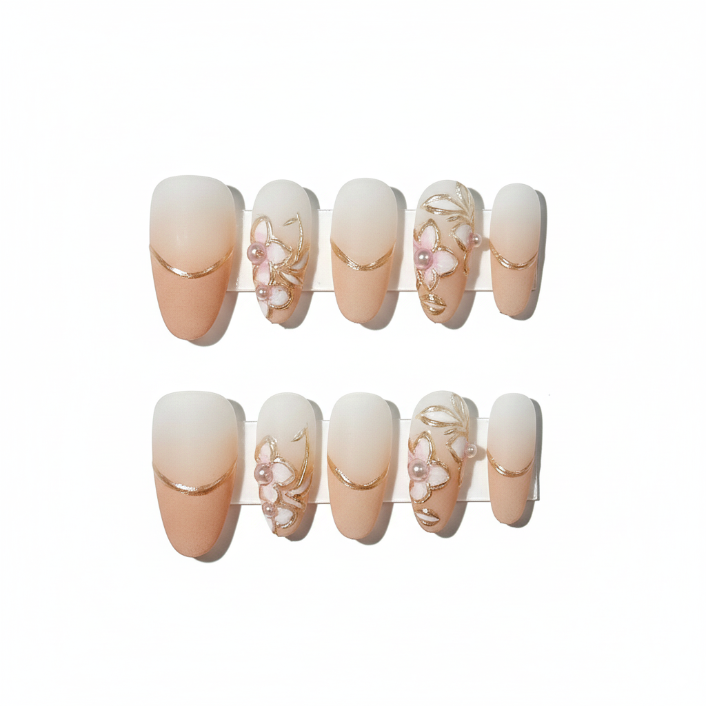 Clean Girl Matte Ombre Press-On Nails: The Luxe Floral & Gold Set