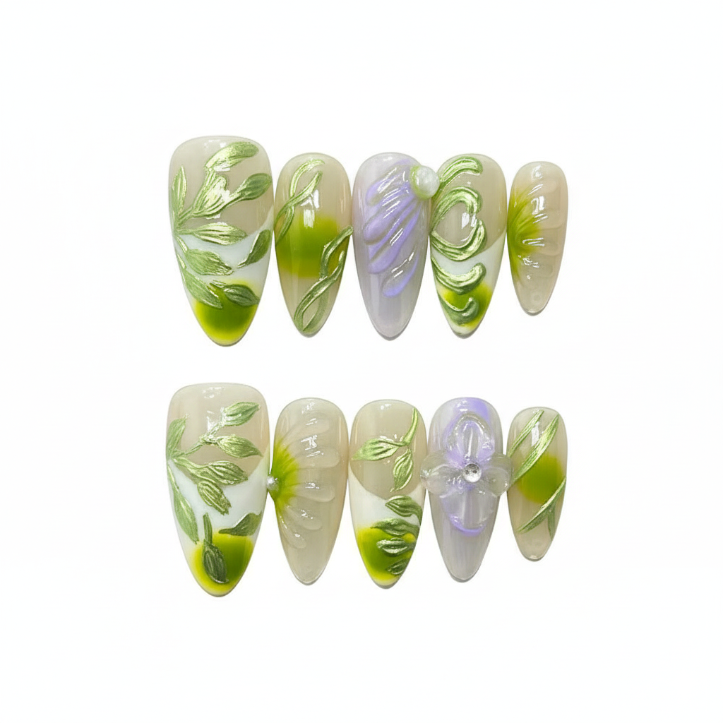 Luxury Press-On Nails | Green Botanical 3D Sculpture & Lavender Ombre | Reusable, Long Almond Shape