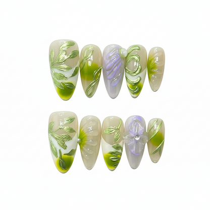 Luxury Press-On Nails | Green Botanical 3D Sculpture & Lavender Ombre | Reusable, Long Almond Shape