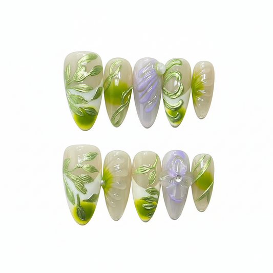 Luxury Press-On Nails | Green Botanical 3D Sculpture & Lavender Ombre | Reusable, Long Almond Shape