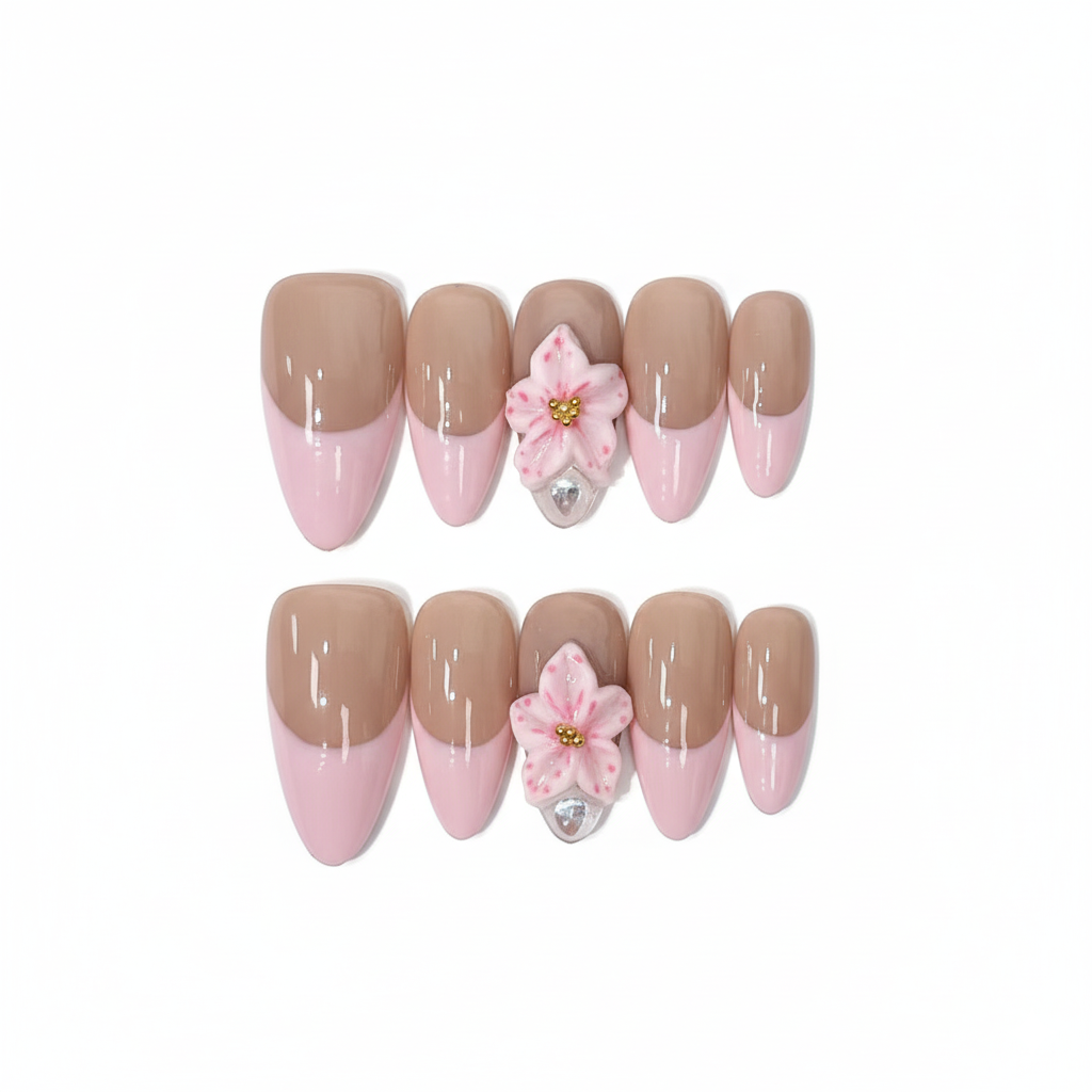 Luxury Press-On Nails | Pink & Nude French Manicure with 3D Cherry Blossom | Reusable, Almond Shape