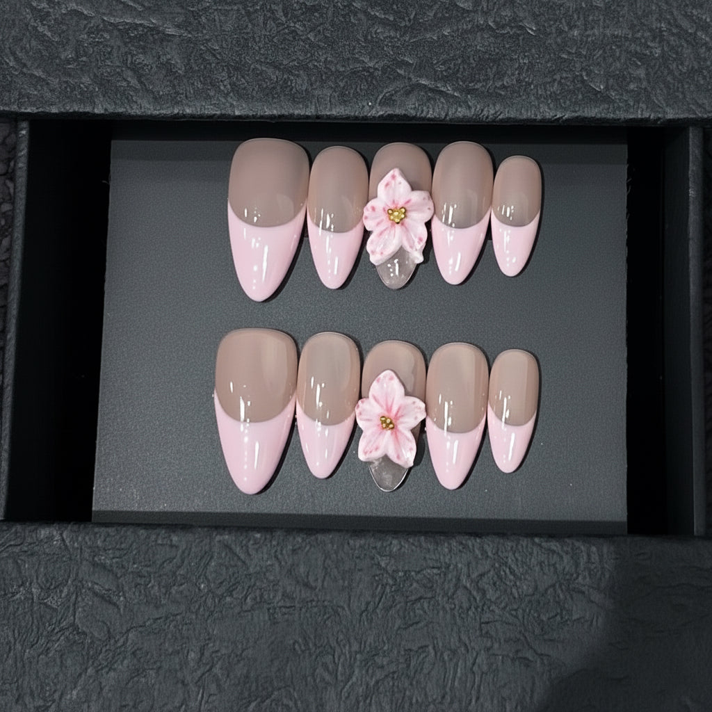 Luxury Press-On Nails | Pink & Nude French Manicure with 3D Cherry Blossom | Reusable, Almond Shape
