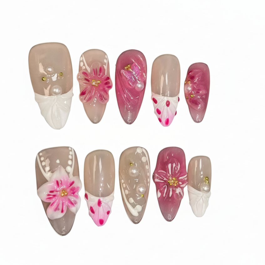 Luxury Press-On Nails | Pink & Nude 3D Floral & Pearl French Manicure | Reusable, Stiletto Shape