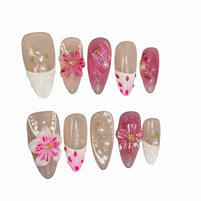Luxury Press-On Nails | Pink & Nude 3D Floral & Pearl French Manicure | Reusable, Stiletto Shape