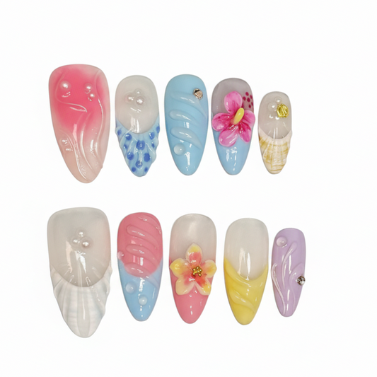 Luxury Press-On Nails | Pink & Nude 3D Floral & Pearl French Manicure | Reusable, Almond Shape