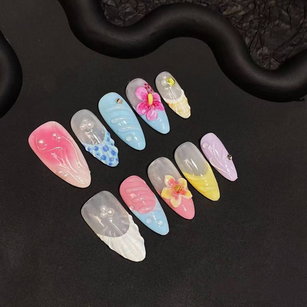 Luxury Press-On Nails | Pink & Nude 3D Floral & Pearl French Manicure | Reusable, Almond Shape