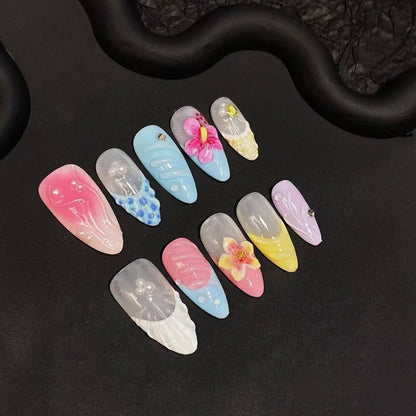 Luxury Press-On Nails | Pink & Nude 3D Floral & Pearl French Manicure | Reusable, Almond Shape