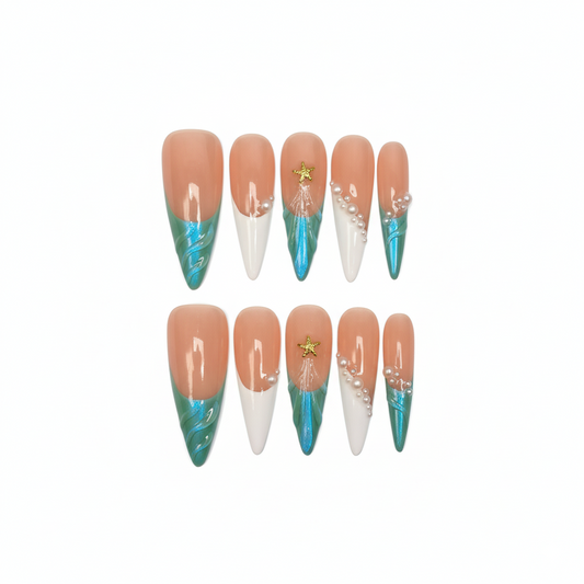 Luxury Press-On Nails | Iridescent Mermaid French Tip & Pearl Cluster | Reusable, Long Stiletto Shape
