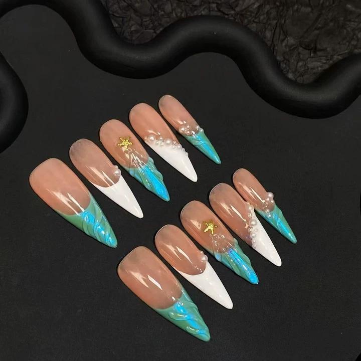 Luxury Press-On Nails | Iridescent Mermaid French Tip & Pearl Cluster | Reusable, Long Stiletto Shape