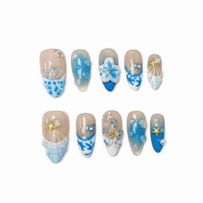 Luxury Press-On Nails | Blue Nautical Mix-and-Match with 3D Shell & Flower | Reusable, Almond Shape
