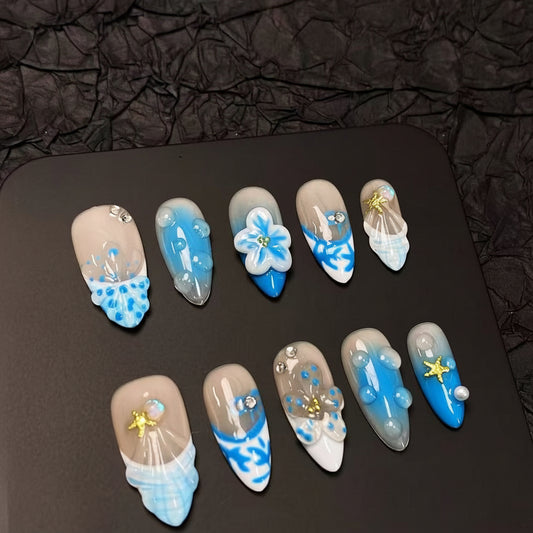 Luxury Press-On Nails | Blue Nautical Mix-and-Match with 3D Shell & Flower | Reusable, Almond Shape