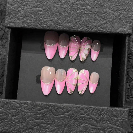 Luxury Press-On Nails | Pink & Nude French Manicure with Gold Foil Butterfly | Reusable, Almond Shape