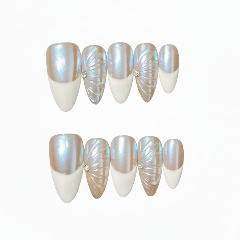 Luxury Press-On Nails | Iridescent Chrome French Manicure with 3D Feather/Fan | Reusable, Almond Shape