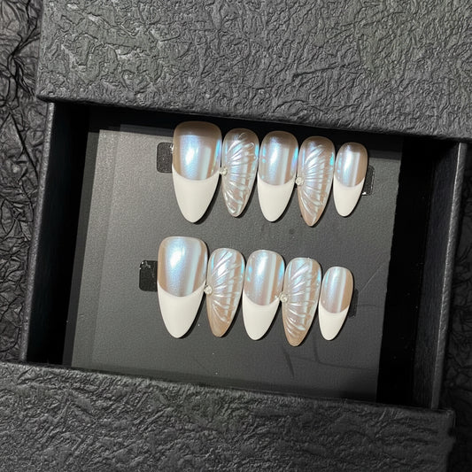 Luxury Press-On Nails | Iridescent Chrome French Manicure with 3D Feather/Fan | Reusable, Almond Shape