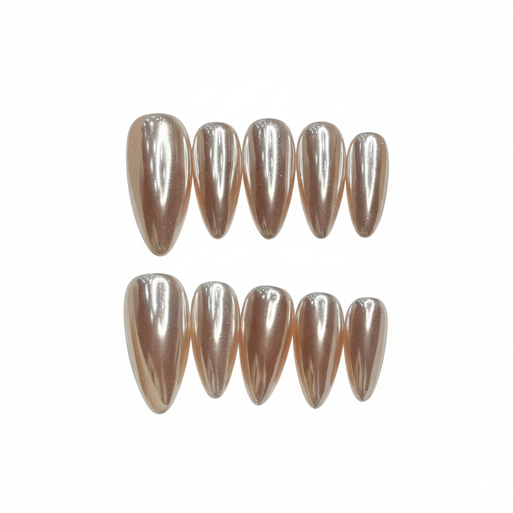 Luxury Press-On Nails | Rose Gold Pearl Glaze Chrome Finish | Reusable, Long Stiletto/Almond Shape