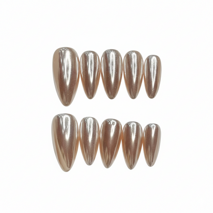 Luxury Press-On Nails | Rose Gold Pearl Glaze Chrome Finish | Reusable, Long Stiletto/Almond Shape