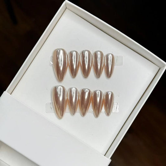 Luxury Press-On Nails | Rose Gold Pearl Glaze Chrome Finish | Reusable, Long Stiletto/Almond Shape