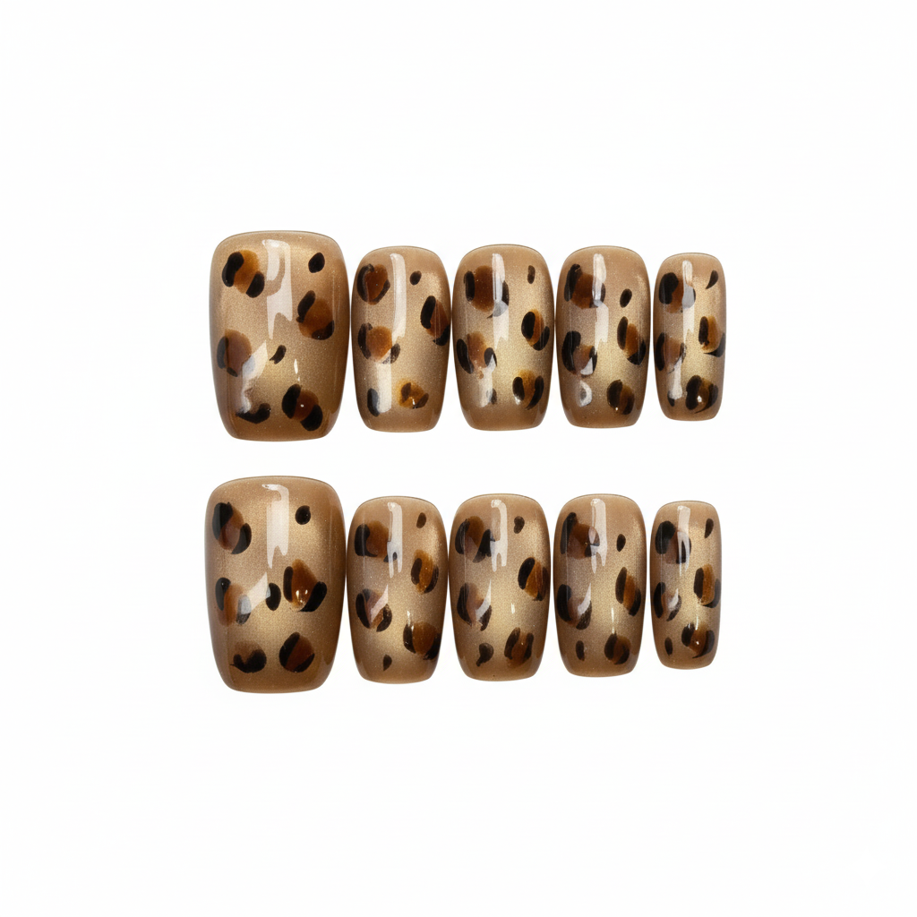 Luxury Press-On Nails | Golden Glitter Leopard Print | Reusable, Short Square Shape