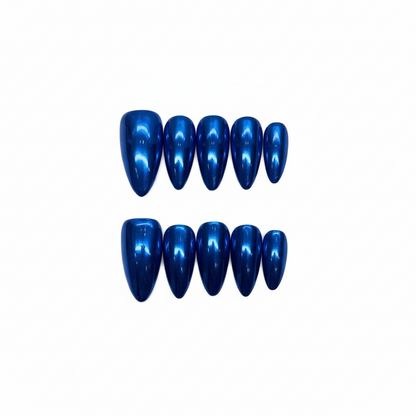 Luxury Press-On Nails | Deep Sapphire Blue Mirror Chrome Finish | Reusable, Medium Stiletto Shape