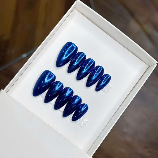 Luxury Press-On Nails | Deep Sapphire Blue Mirror Chrome Finish | Reusable, Medium Stiletto Shape
