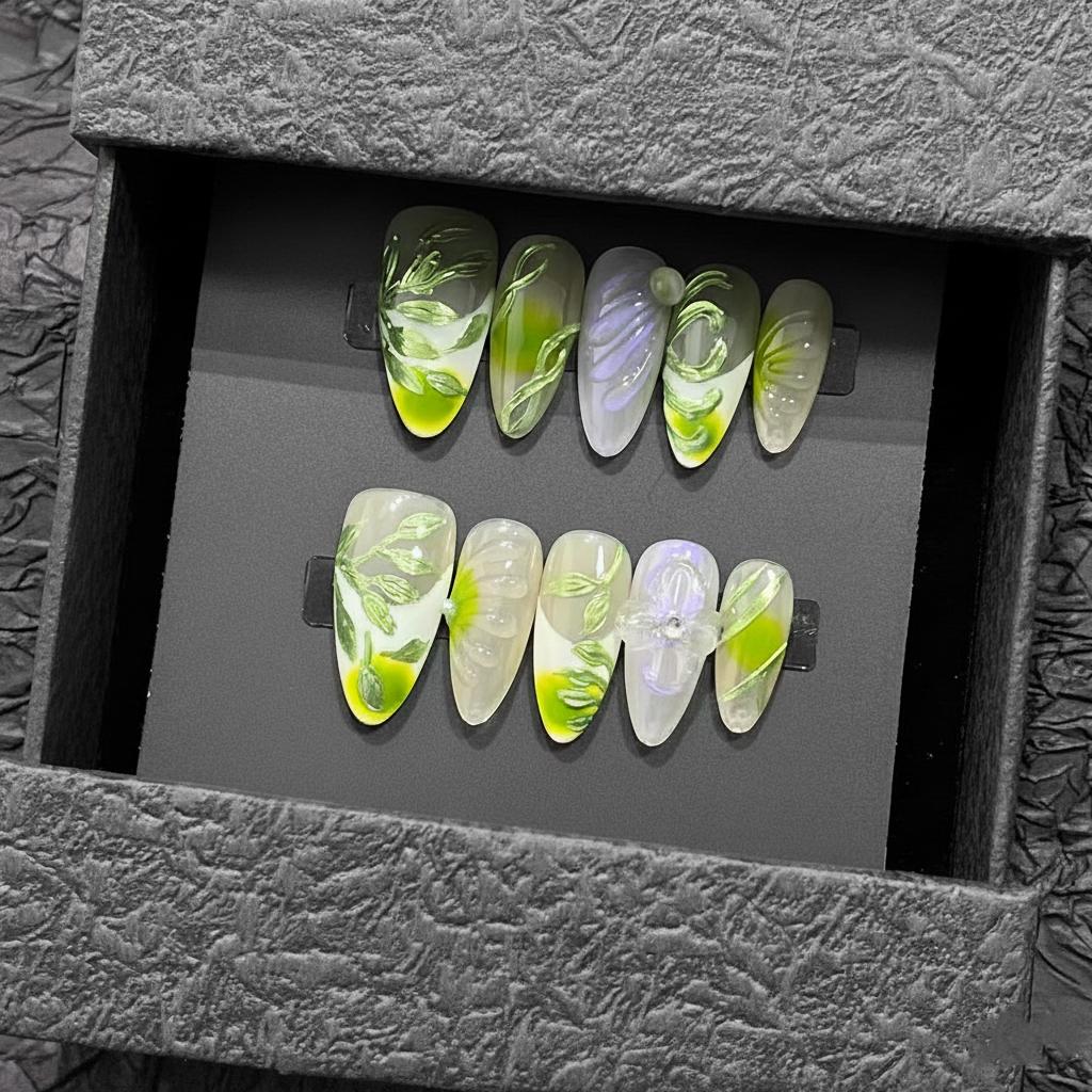 Luxury Press-On Nails | Green Botanical 3D Sculpture & Lavender Ombre | Reusable, Long Almond Shape