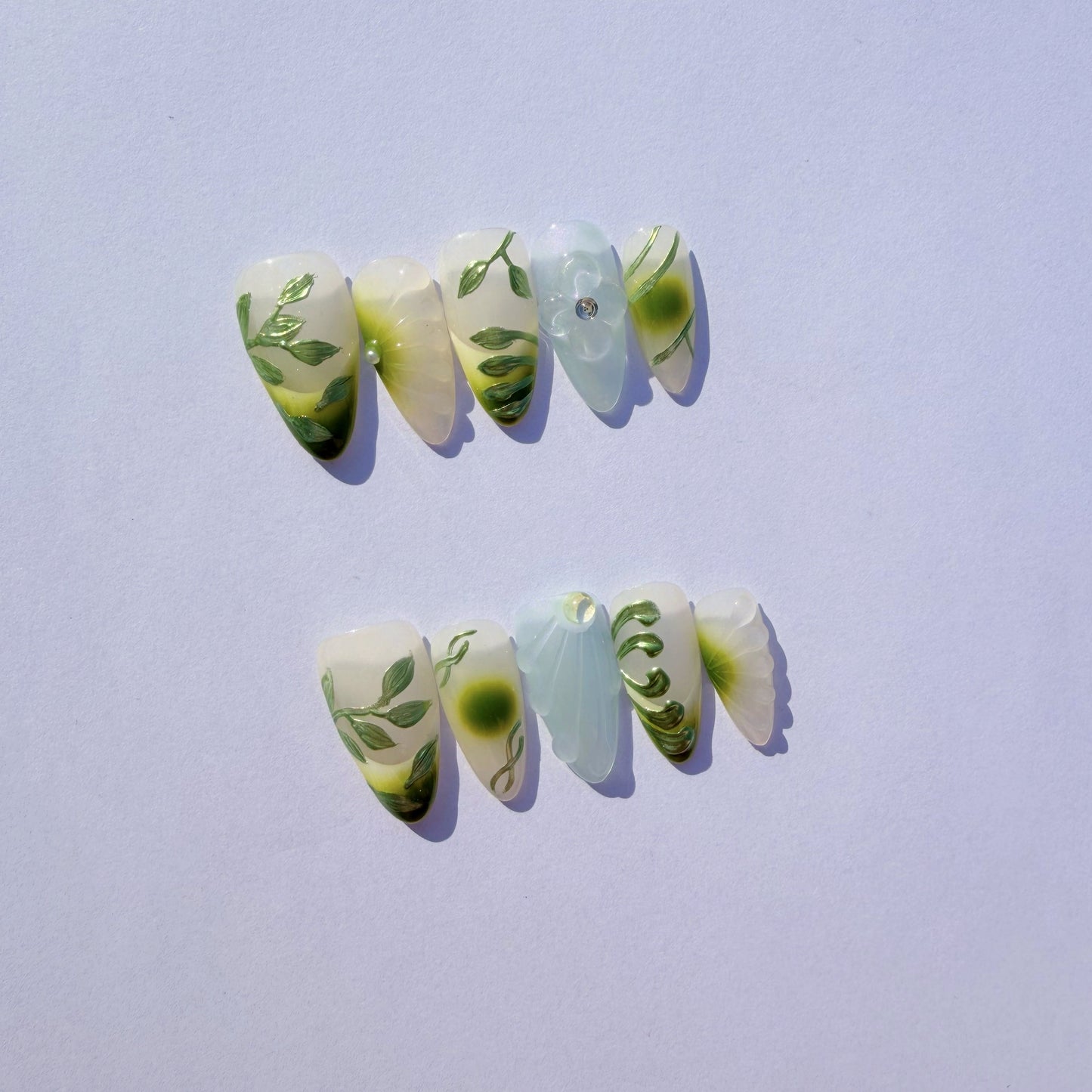 Luxury Press-On Nails | Green Botanical 3D Sculpture & Lavender Ombre | Reusable, Long Almond Shape