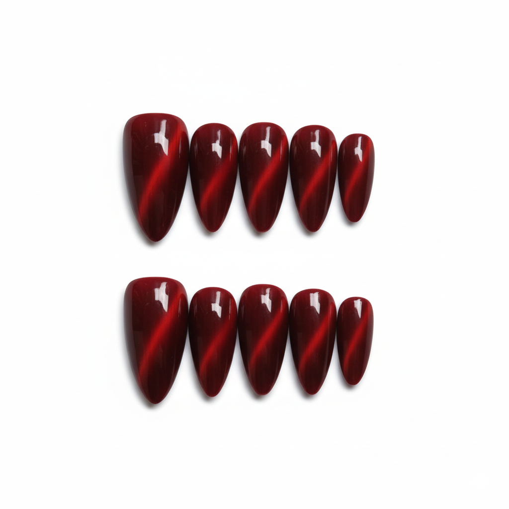 Luxury Press-On Nails | Deep Ruby Red Cat Eye Magnetic Polish | Reusable, Medium Almond/Oval Shape