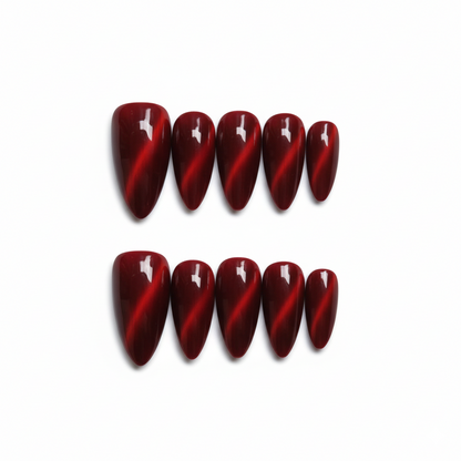 Luxury Press-On Nails | Deep Ruby Red Cat Eye Magnetic Polish | Reusable, Medium Almond/Oval Shape