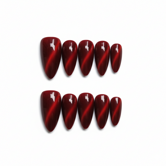 Luxury Press-On Nails | Deep Ruby Red Cat Eye Magnetic Polish | Reusable, Medium Almond/Oval Shape