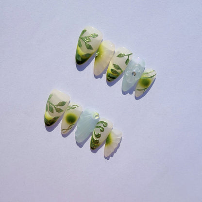 Luxury Press-On Nails | Green Botanical 3D Sculpture & Lavender Ombre | Reusable, Long Almond Shape