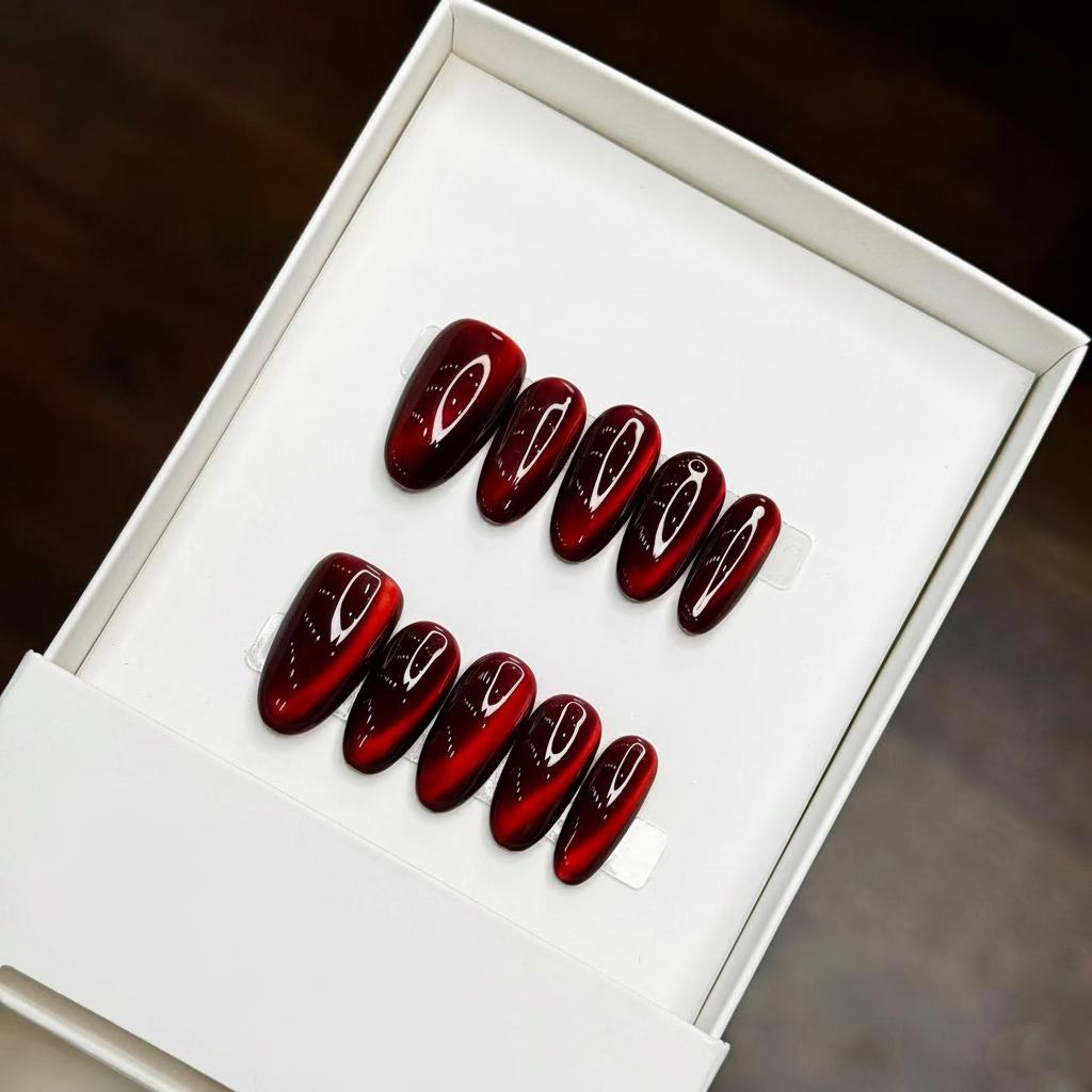 Luxury Press-On Nails | Deep Ruby Red Cat Eye Magnetic Polish | Reusable, Medium Almond/Oval Shape