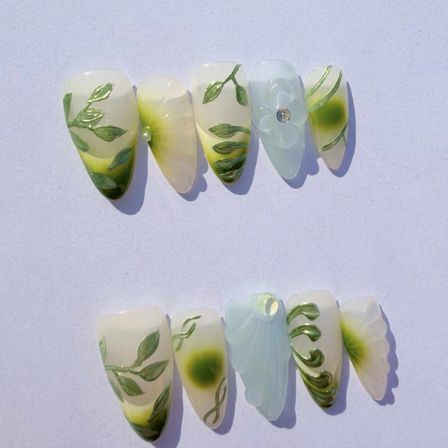 Luxury Press-On Nails | Green Botanical 3D Sculpture & Lavender Ombre | Reusable, Long Almond Shape