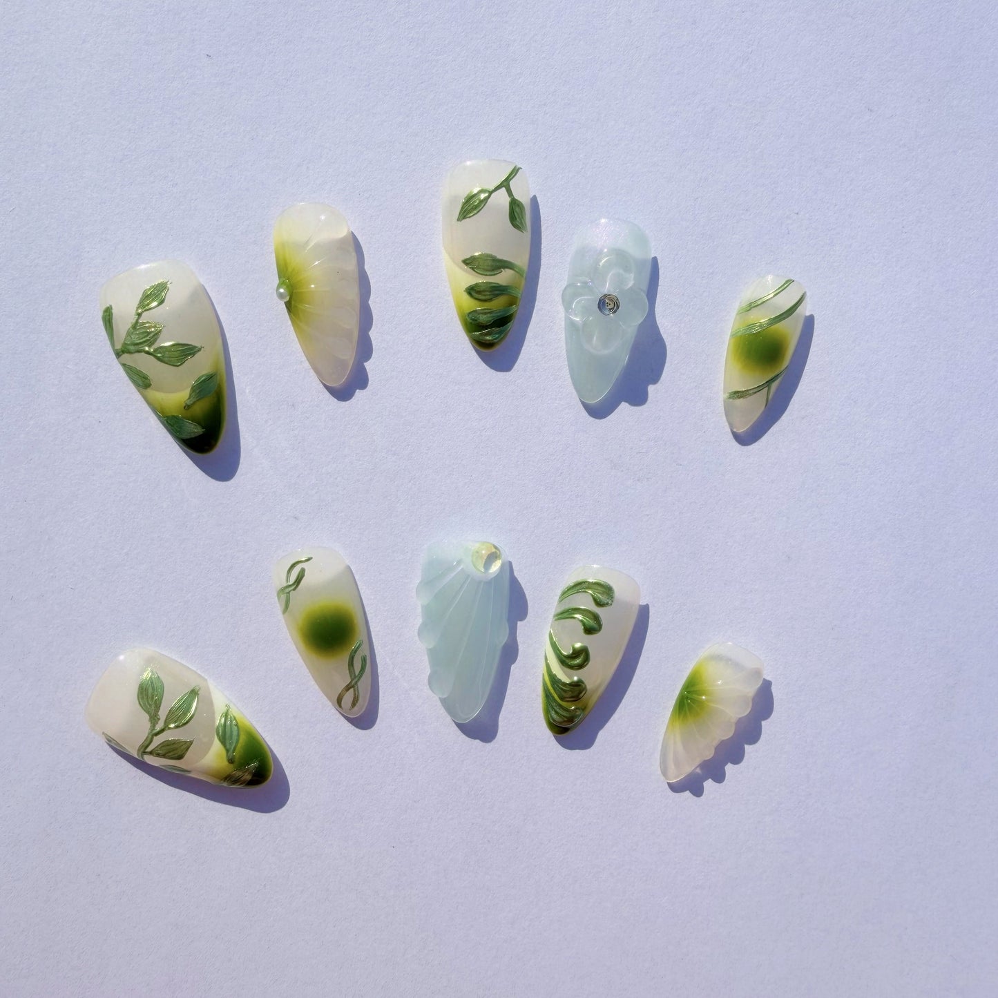 Luxury Press-On Nails | Green Botanical 3D Sculpture & Lavender Ombre | Reusable, Long Almond Shape
