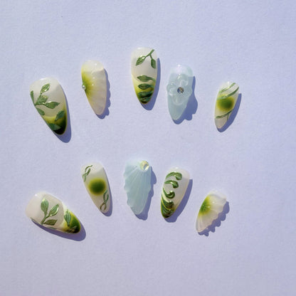 Luxury Press-On Nails | Green Botanical 3D Sculpture & Lavender Ombre | Reusable, Long Almond Shape