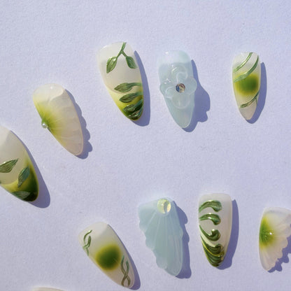 Luxury Press-On Nails | Green Botanical 3D Sculpture & Lavender Ombre | Reusable, Long Almond Shape