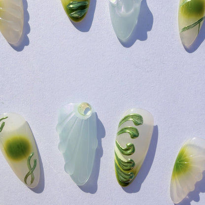 Luxury Press-On Nails | Green Botanical 3D Sculpture & Lavender Ombre | Reusable, Long Almond Shape