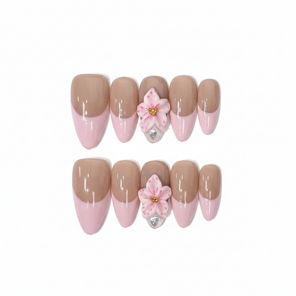 Luxury Press-On Nails | Pink & Nude French Manicure with 3D Cherry Blossom | Reusable, Almond Shape
