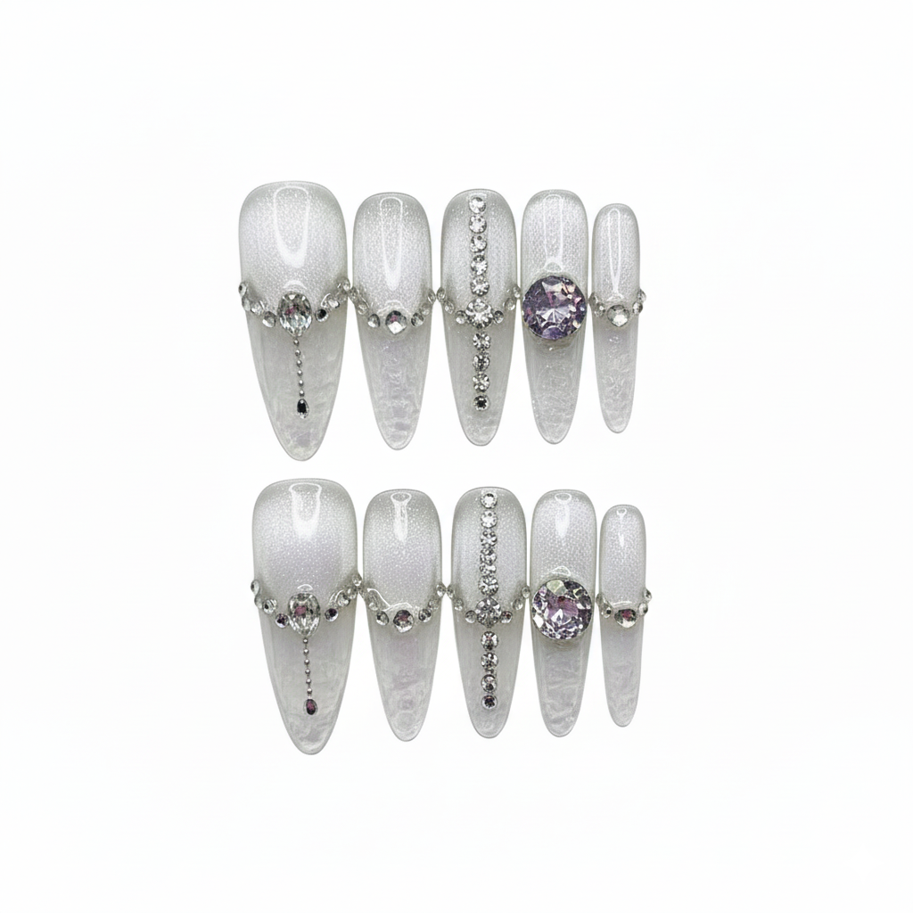 Luxury Cat-Eye Almond Press-On Nails with Dazzling Crystal & Gemstone Embellishments - Pearlescent White Set