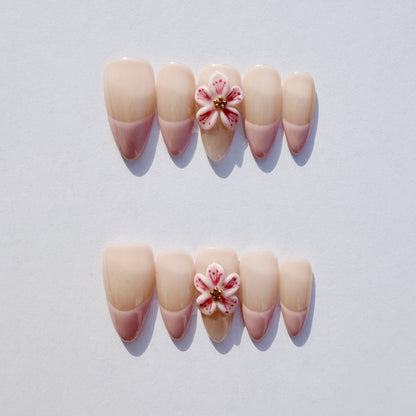 Luxury Press-On Nails | Pink & Nude French Manicure with 3D Cherry Blossom | Reusable, Almond Shape