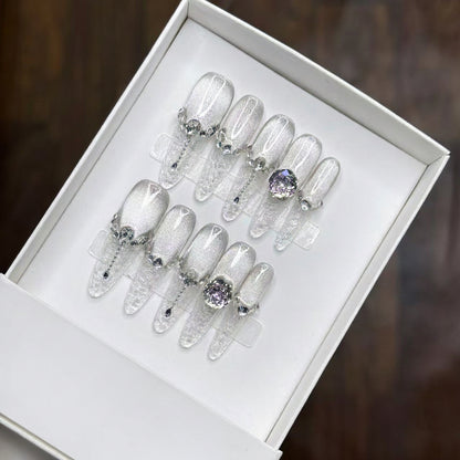 Luxury Cat-Eye Almond Press-On Nails with Dazzling Crystal & Gemstone Embellishments - Pearlescent White Set